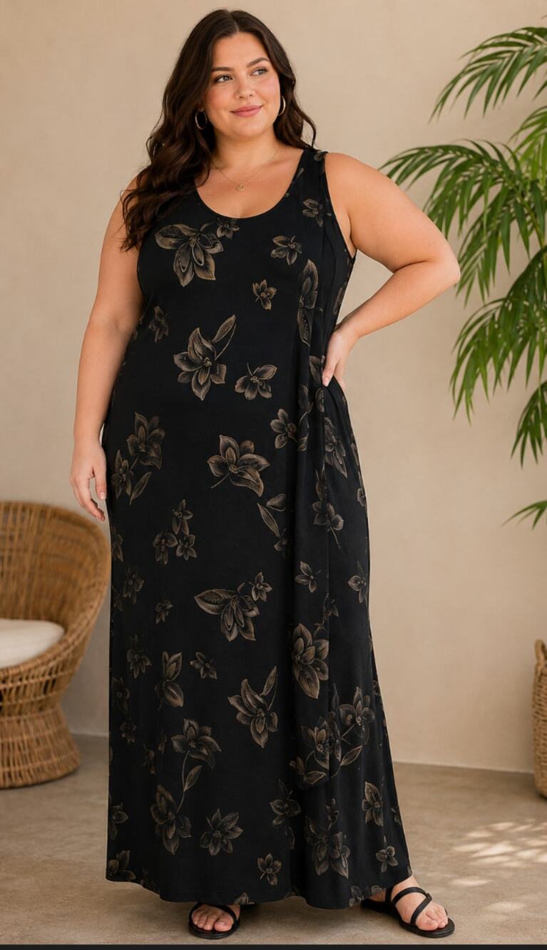 Vintage Hugs & Kisses Dainty Cottage Boho Plus Black Maxi Bodycon Slip Dress 3XL